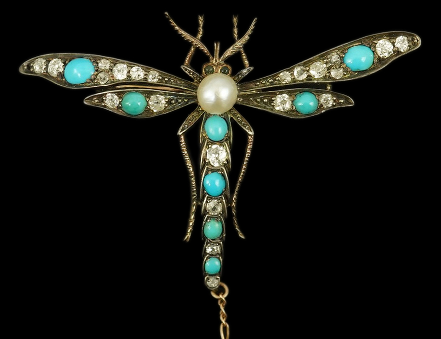 A late Victorian gold and silver, diamond, turquoise and pearl set dragonfly brooch